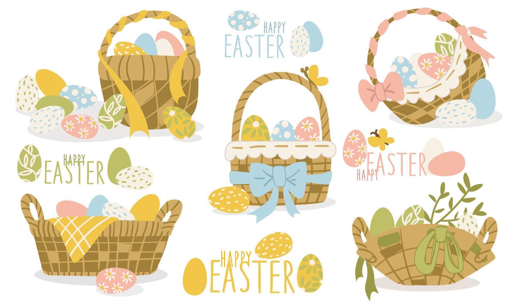 Cartoon Easter baskets with painted eggs and spring flowers. A wicker basket full of eggs, a set of vector baskets for gifts for the spring holiday. Illustration of an Easter basket for a holiday