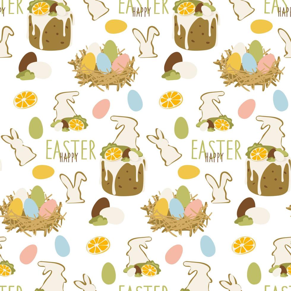 Easter bun pattern with icing and decoration, citrus fruits, eggs, candles, hares and decor. Pastel palette. Easter vector pattern. Colorful Easter eggs and buns. Gift wrapping for Easter