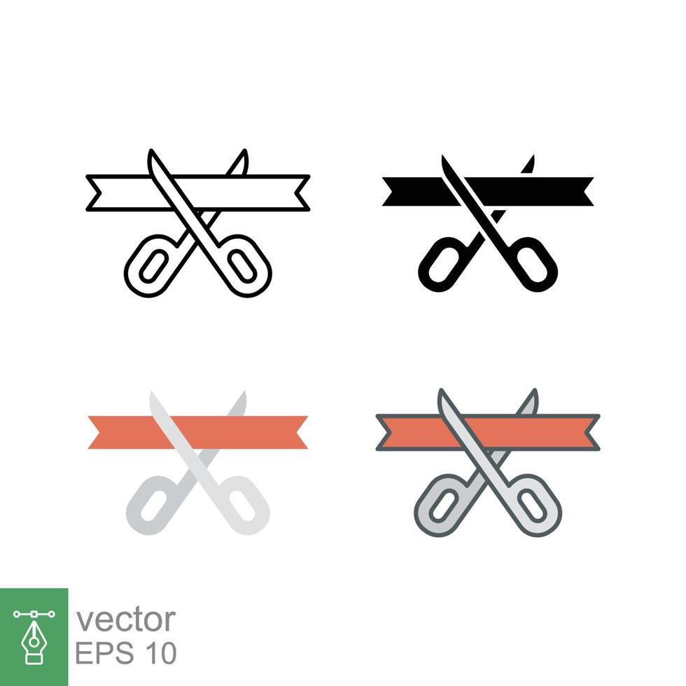 Grand opening icon in different style. Colored scissor and ribbon vector icons designed in filled outline, line, flat, glyph and solid style. Vector illustration isolated on white background. EPS 10.