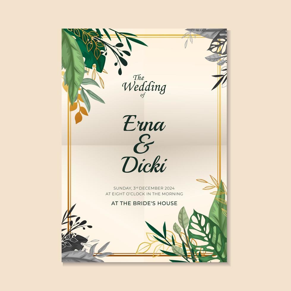 plantilla de diseño de tarjeta de invitación de boda de concepto de follaje verde vector