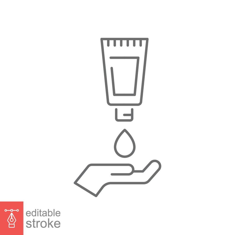 mano aplicando el icono de la línea de crema de loción. estilo de esquema simple. bálsamo, cuidado de la piel, pictograma, diseño gráfico del concepto de símbolo de belleza. ilustración vectorial aislado sobre fondo blanco. trazo editable eps 10. vector