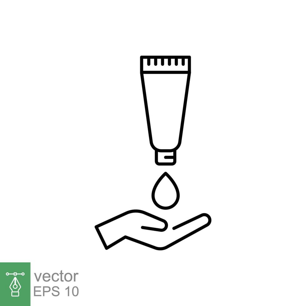 mano aplicando el icono de la línea de crema de loción. estilo de esquema simple. bálsamo, cuidado de la piel, pictograma, diseño gráfico del concepto de símbolo de belleza. ilustración vectorial aislado sobre fondo blanco. eps 10. vector