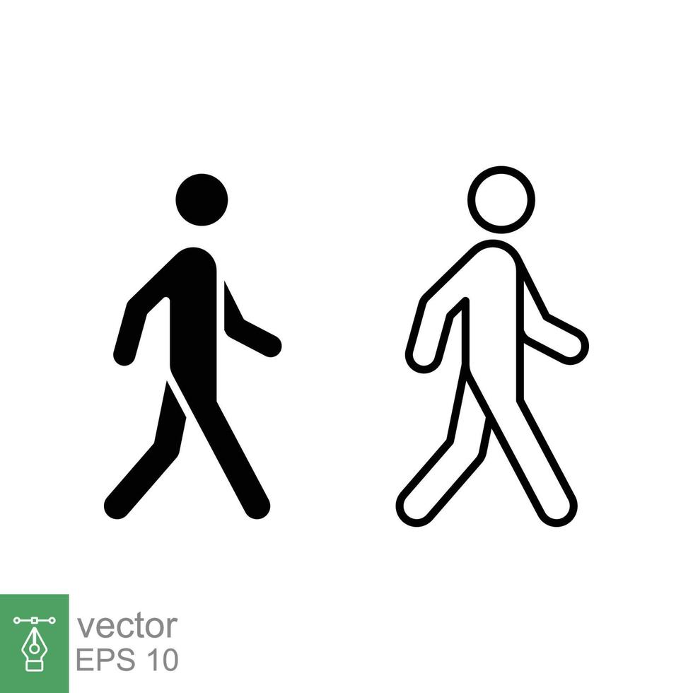 caminar línea e icono de glifo. esquema simple y estilo sólido. peatón, hombre, pictograma, humano, lado, símbolo de concepto de pasarela. ilustración vectorial aislado sobre fondo blanco. eps 10. vector