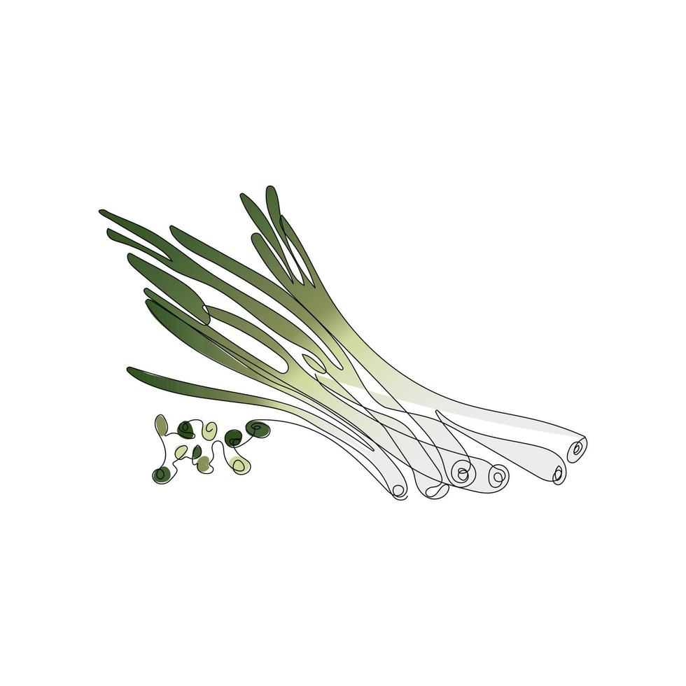 Green onion in one line art style. Abstract fresh food in minimalism design. Single continuous line drawing. Vegan concept design. Hand drawn vector illustration.