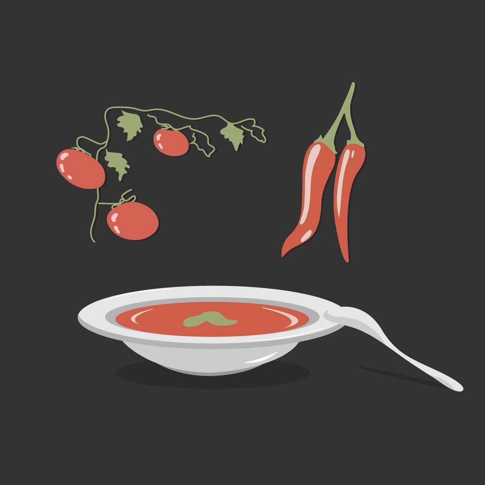Plate of soup puree with fresh vegetables ingredient. Cream soup with tomatoes, pepper and bazil. Vector illustration
