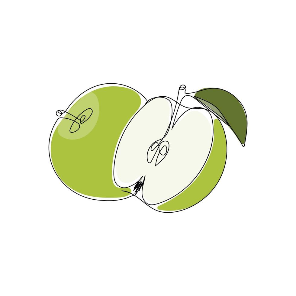 Green apple one continuous line drawing. Sliced and whole organic apple. Hand drawn vector illustration.