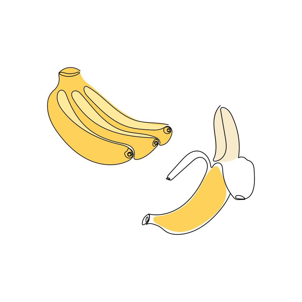 Yellow one banana, a bunch of bananas. Hand drawn tropical fruit. Continuous line drawing vector illustration