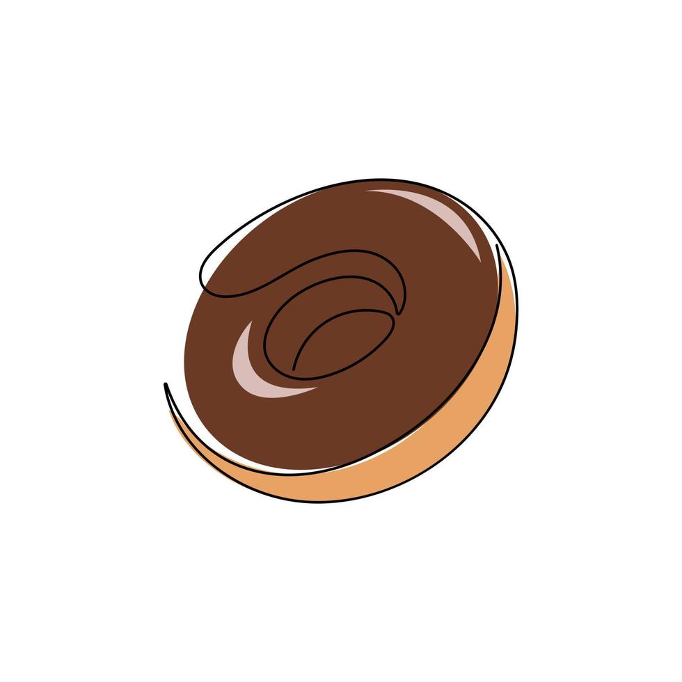 Chocolate donut in one line drawing style. Fast food, bakery concept. Hand drawn vector illustration.