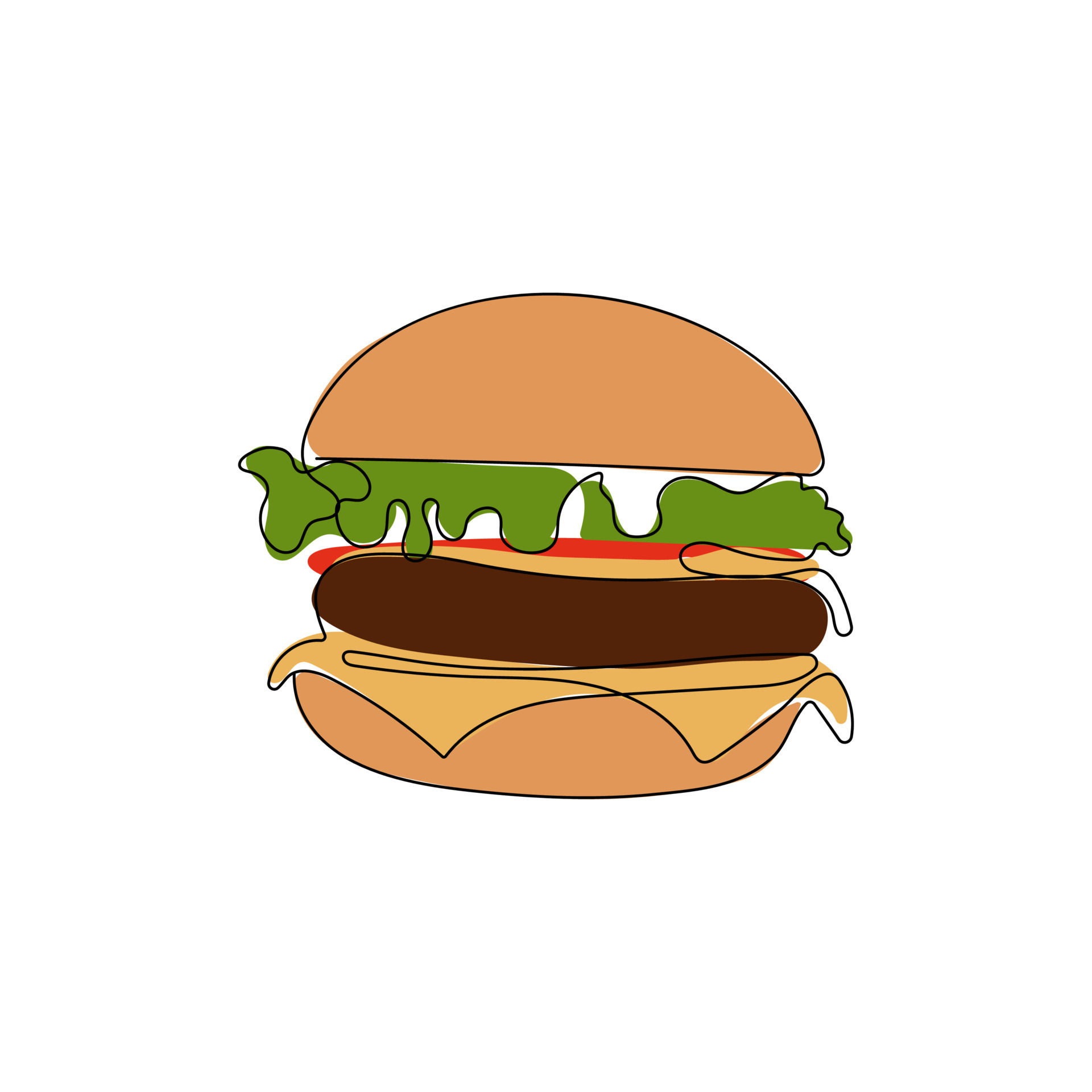Hamburger in one continuous line drawing style. Fast food cheeseburger