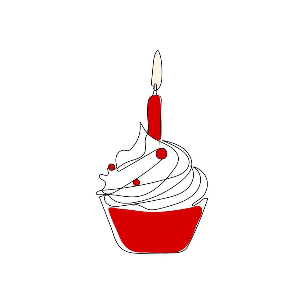 Birthday sweet cupcake with cream and candle. Hand drawn celebration dessert. One single line vector illustration.