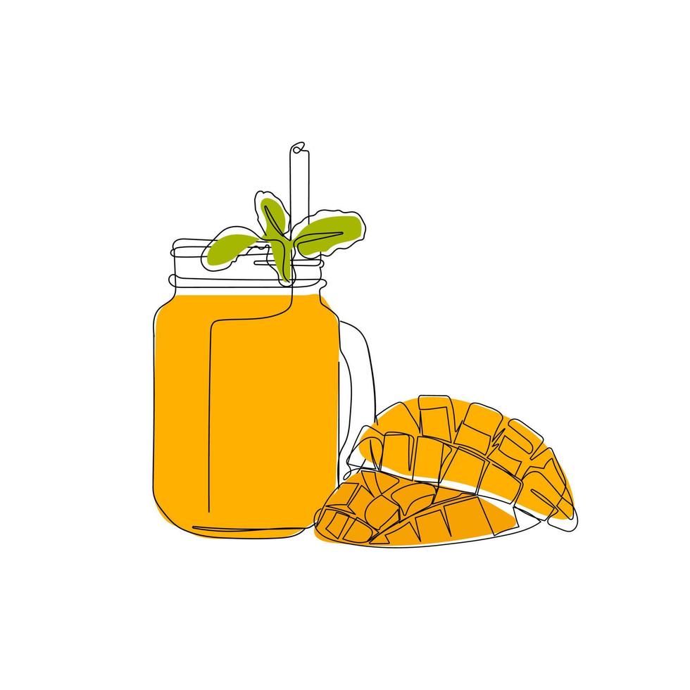 vaso de jugo de mango fresco, fruta tropical de mango. ilustración vectorial dibujada a mano de frutas y jugos en un estilo minimalista de arte de una línea. vector