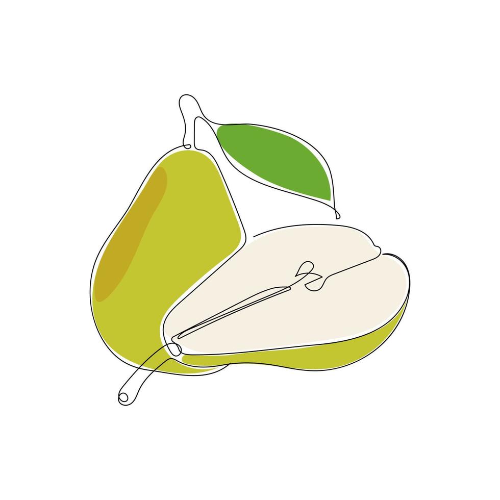 Green pear fruit in continuous line art drawing style. Sliced and whole organic pear. Hand drawn vector illustration.