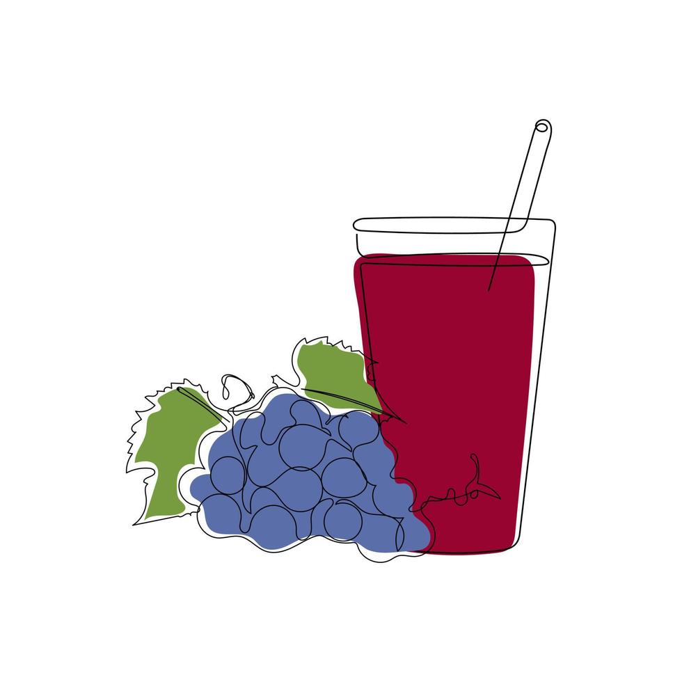 Glass of fresh grape juice. A ripe dark blue grapes grone. Hand drawn vector illustration of fruit and juice in minimalist one line art style.