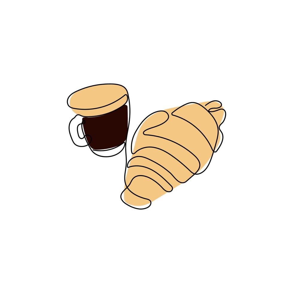 croissant y taza de café. un dibujo de línea continua. tema de desayuno con pastelería y café para cafetería, tienda, panadería. ilustración vectorial dibujada a mano. vector