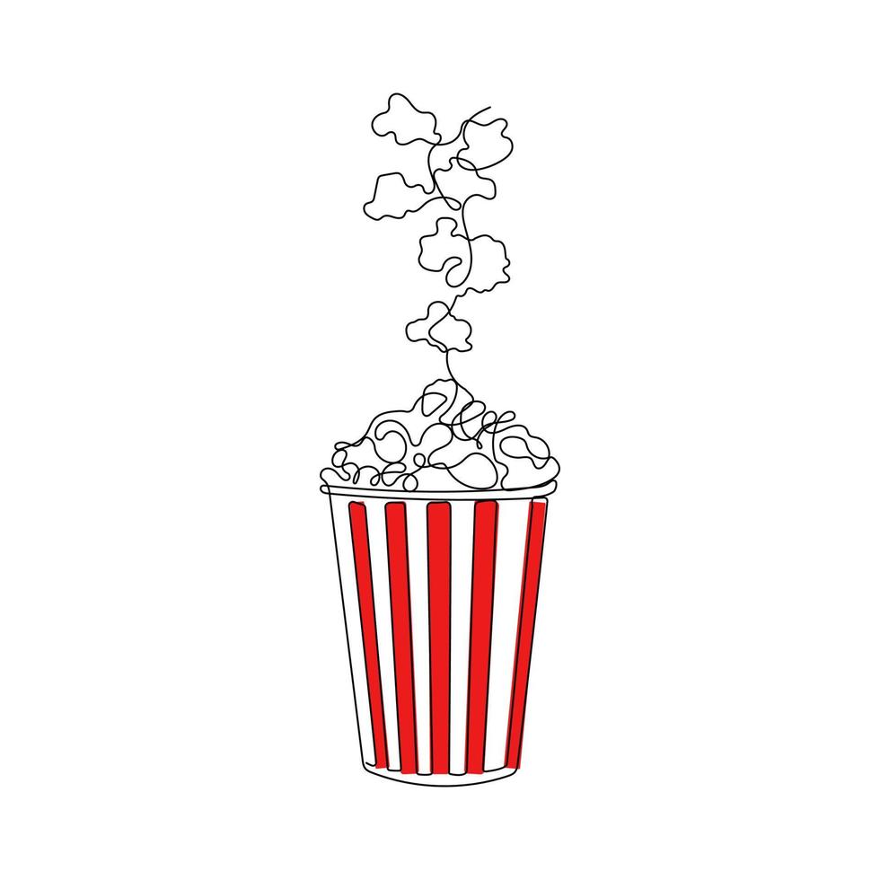 Pop corn in stripped paper box in one continuous line drawing style. Snack for watching movies. Hand drawn vector illustration.