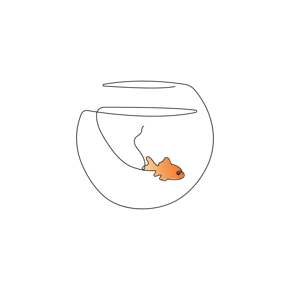 Gold fish in an aquarium. Small fish in glass bowl. One continuous line drawing. Hand drawn vector illustration.