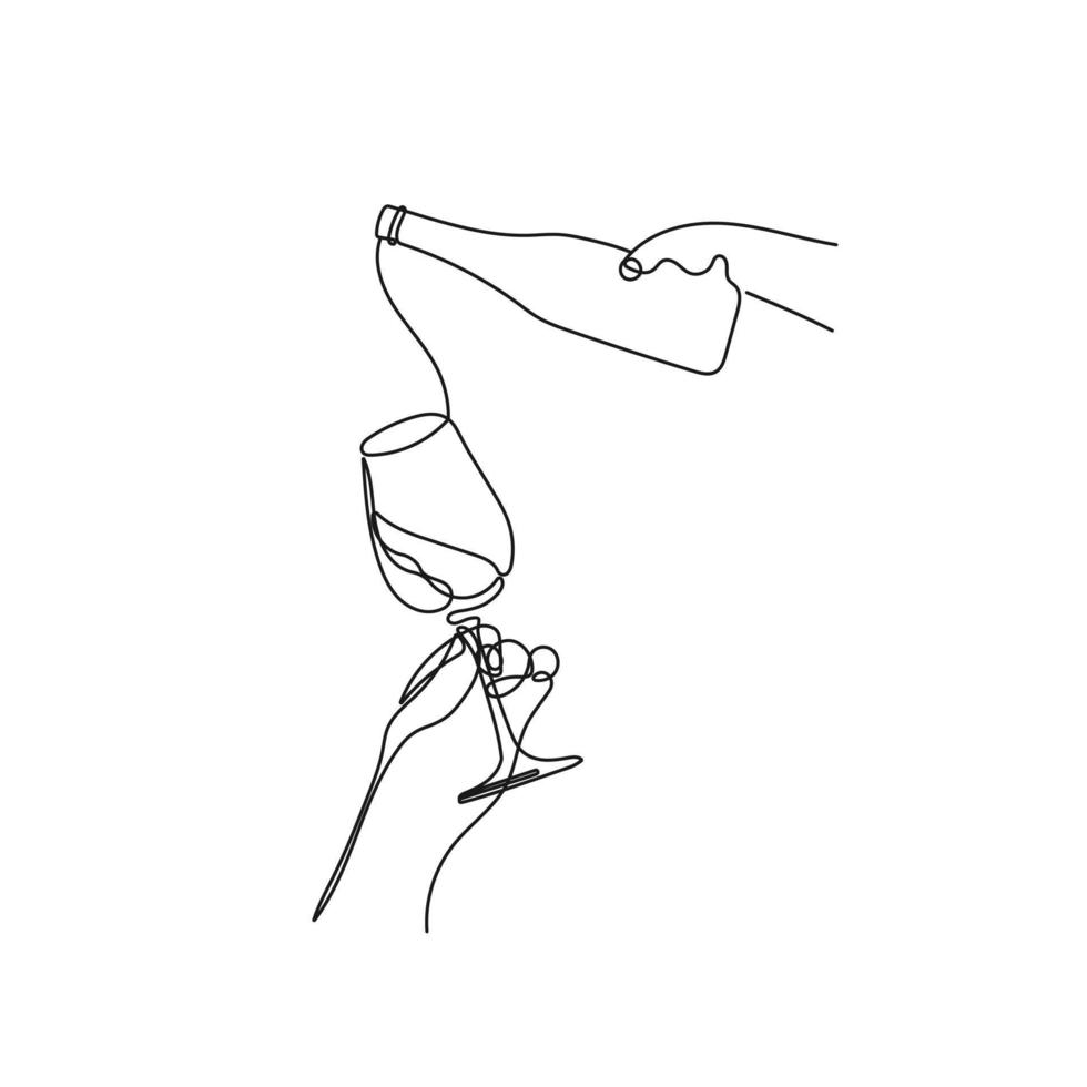 Pouring wine from bottle to glass in one line drawing style. Glass of wine in a womans hand degustating, toasting. Bottle of alcohol in the hands of a bartender. Hand drawn vector illustration.
