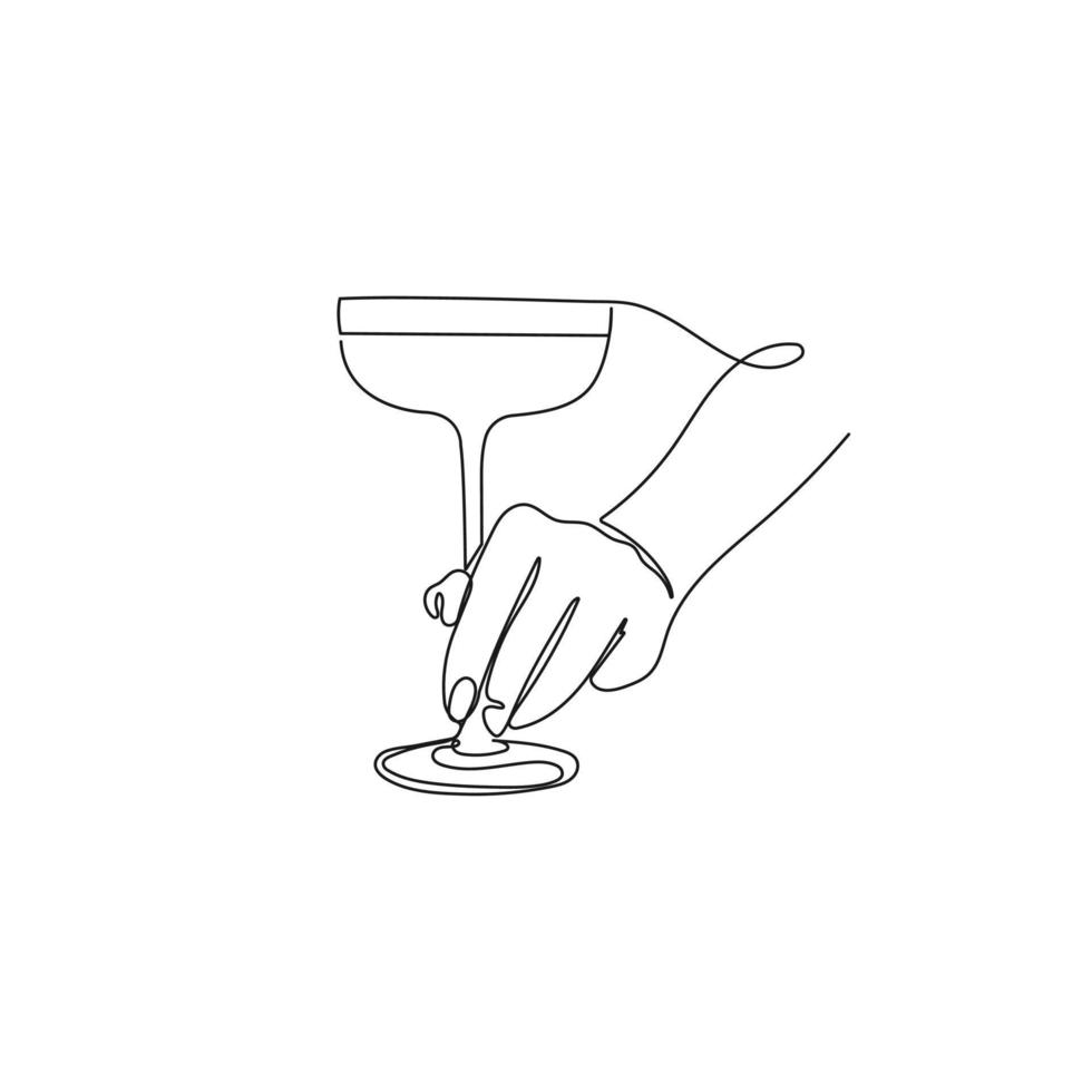 Hand holds a glass with cocktail. One line drawing. Hand drawn vector illustration.