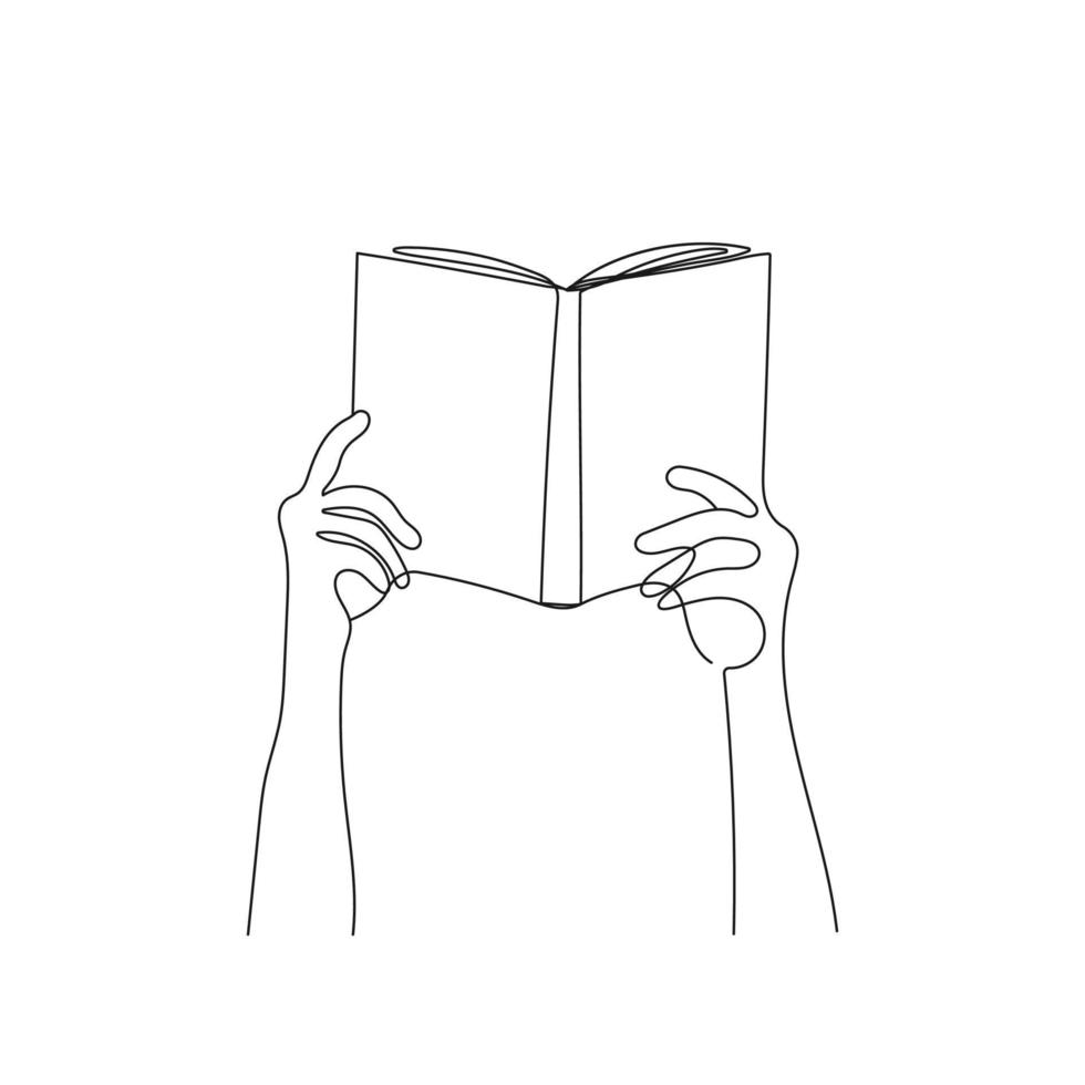 Hands holding open book in one line drawing style. Reading, education concept. Hand drawn vector Illustration.