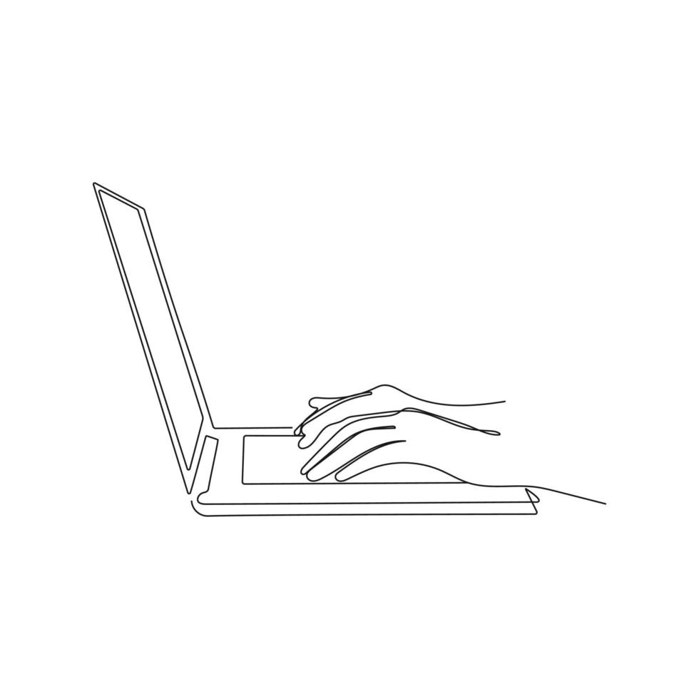 Hands typing on laptop. Continuous one line drawing. Work, study concept. Vector illustration.