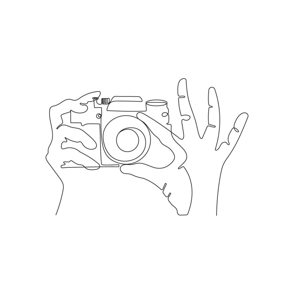 manos sosteniendo la cámara de fotos y haciendo fotos. dibujo de arte de una línea. fotógrafo tomando foto. ilustración vectorial dibujada a mano. vector