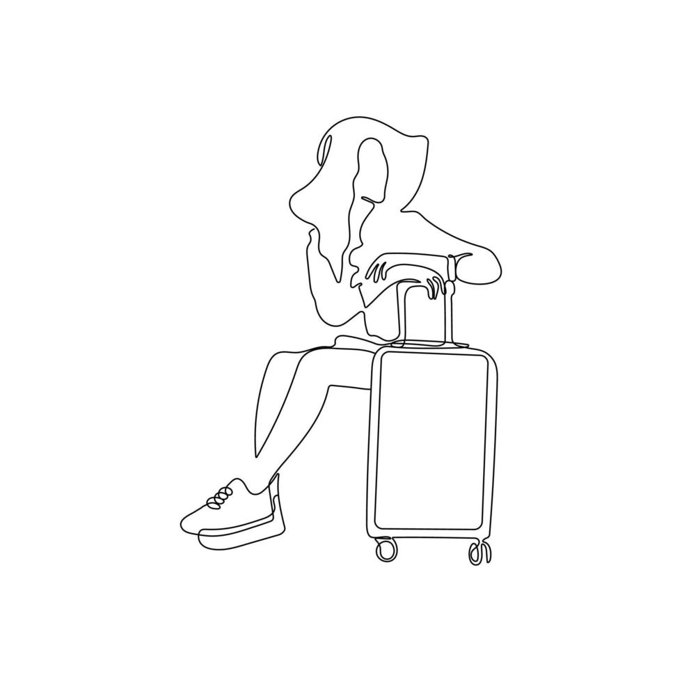 Travel girl with a suitcase. One continuous line drawing. Woman is waiting to go on a trip. Travel concept. Hand drawn vector illustration.