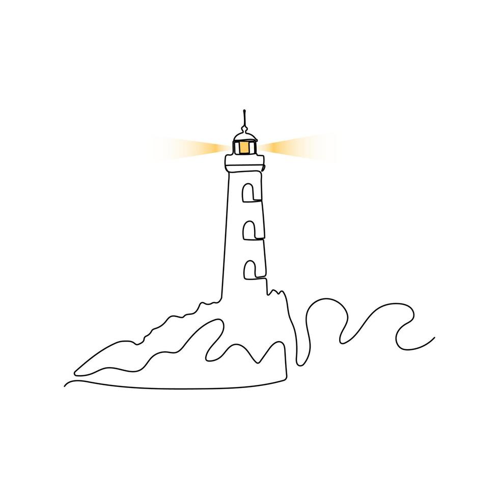 Lighthouse in stormy sea. Beacon in continuous line drawing style. vector