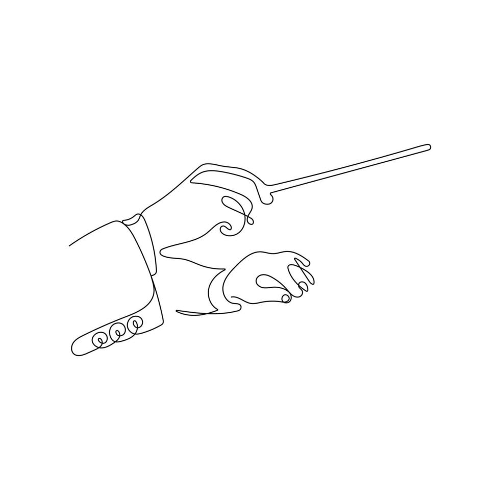 Hands with a conductors baton. Conductor directing classic instrumental symphony orchestra. Classical music leader in continuous one line drawing style. Hand drawn vector illustration.