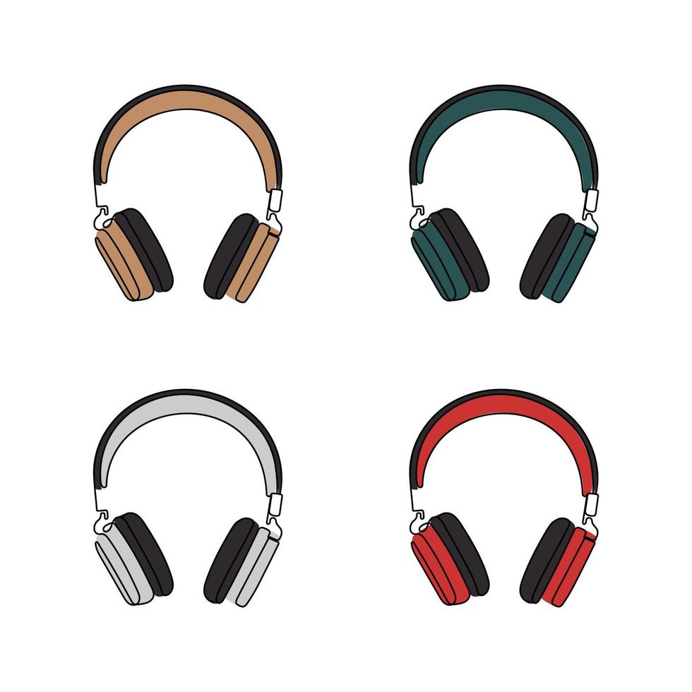 auriculares en diferentes colores. arte de una línea. dispositivo, gadget para escuchar música. ilustración vectorial dibujada a mano. vector