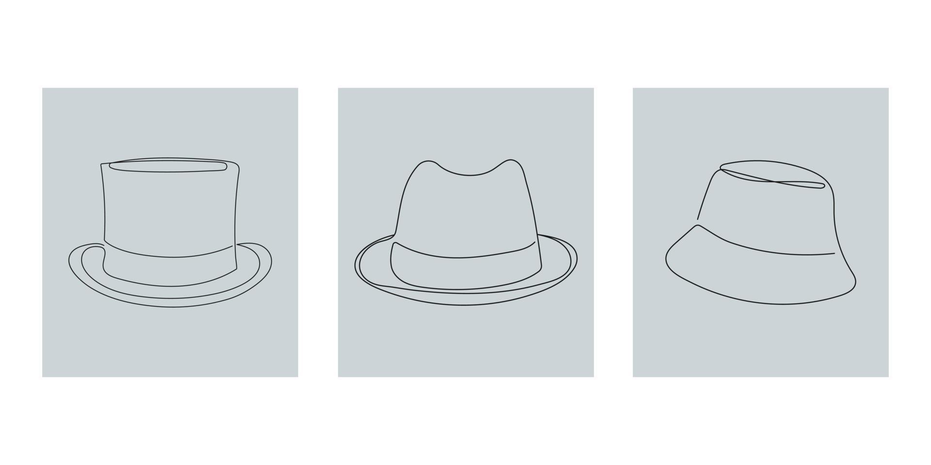 Hats vintage collection for elegant man in one continuous line style. Top hat, panama and bucket hat. Hand drawn vector illustration.