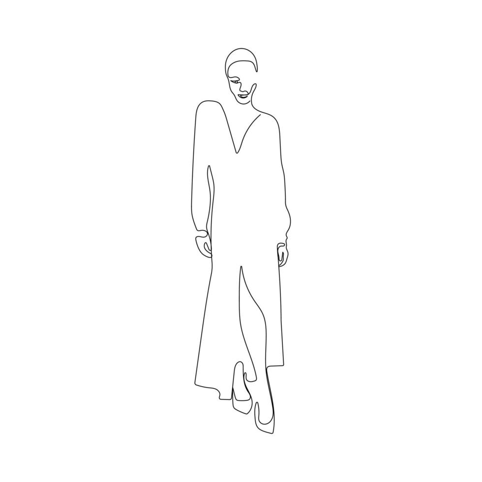 Model girl wearing long dress. One line drawing. Woman in elegant ...
