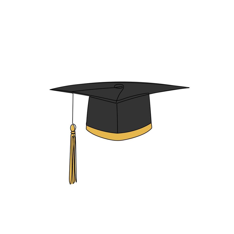Graduation hat in one line art drawing style. Study graduation cap, mortarboard hat. Hand drawn vector illustration.