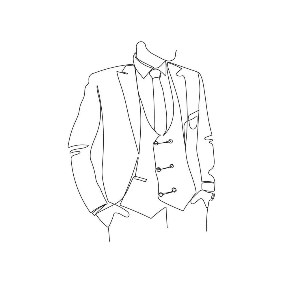 Man wearing elegant suit. One line art. Businessman standing with hands in pockets. Vector illustration