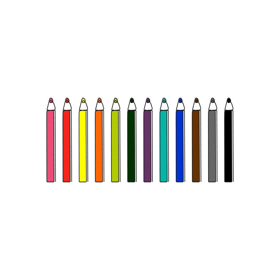 Small colored pencils laying in row. Set of crayons for art, drawing. School stuff. Isolated vector on white background.