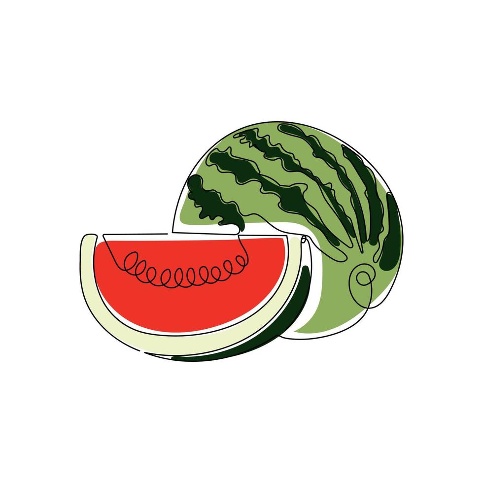 Watermelon berry fruit in one continuous line drawing style. Minimalist colorful sketch. Hand drawn abstract vector illustration.