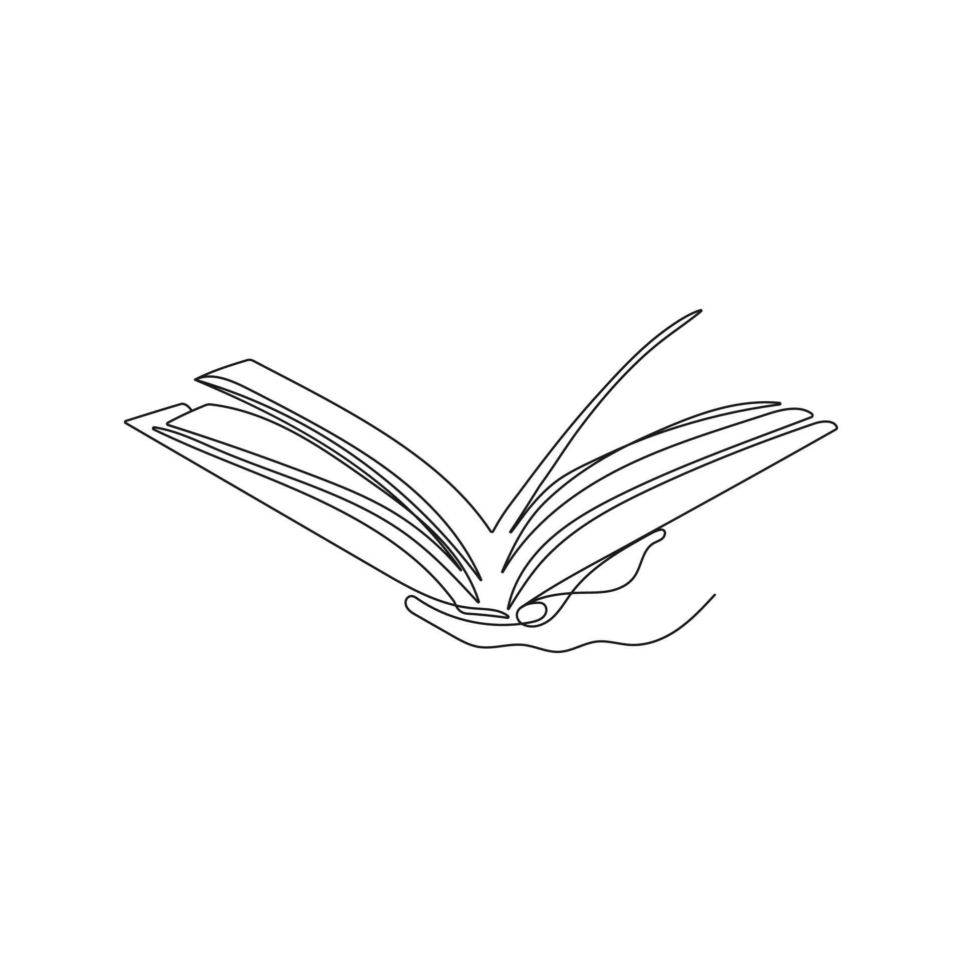 Hand holding open book in one line drawing style. Reading, education