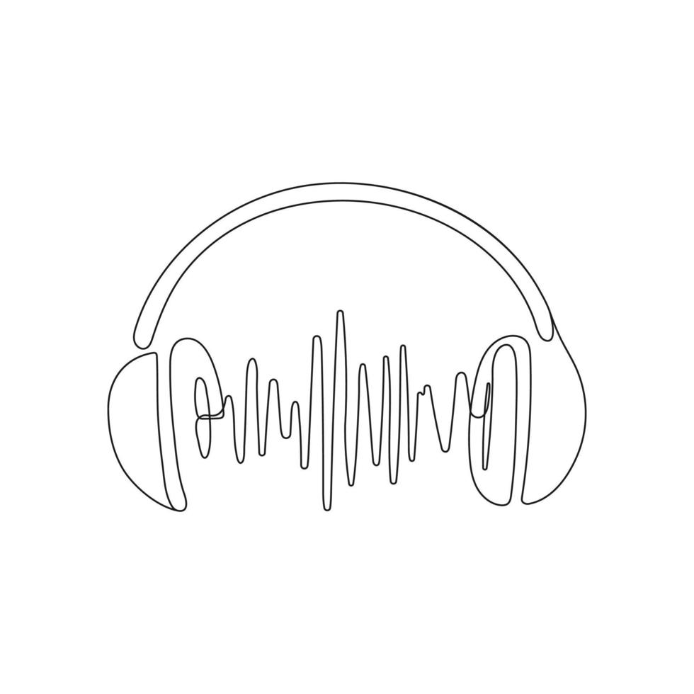 Headphones with sound waves. One line art. Hand drawn vector illustration.