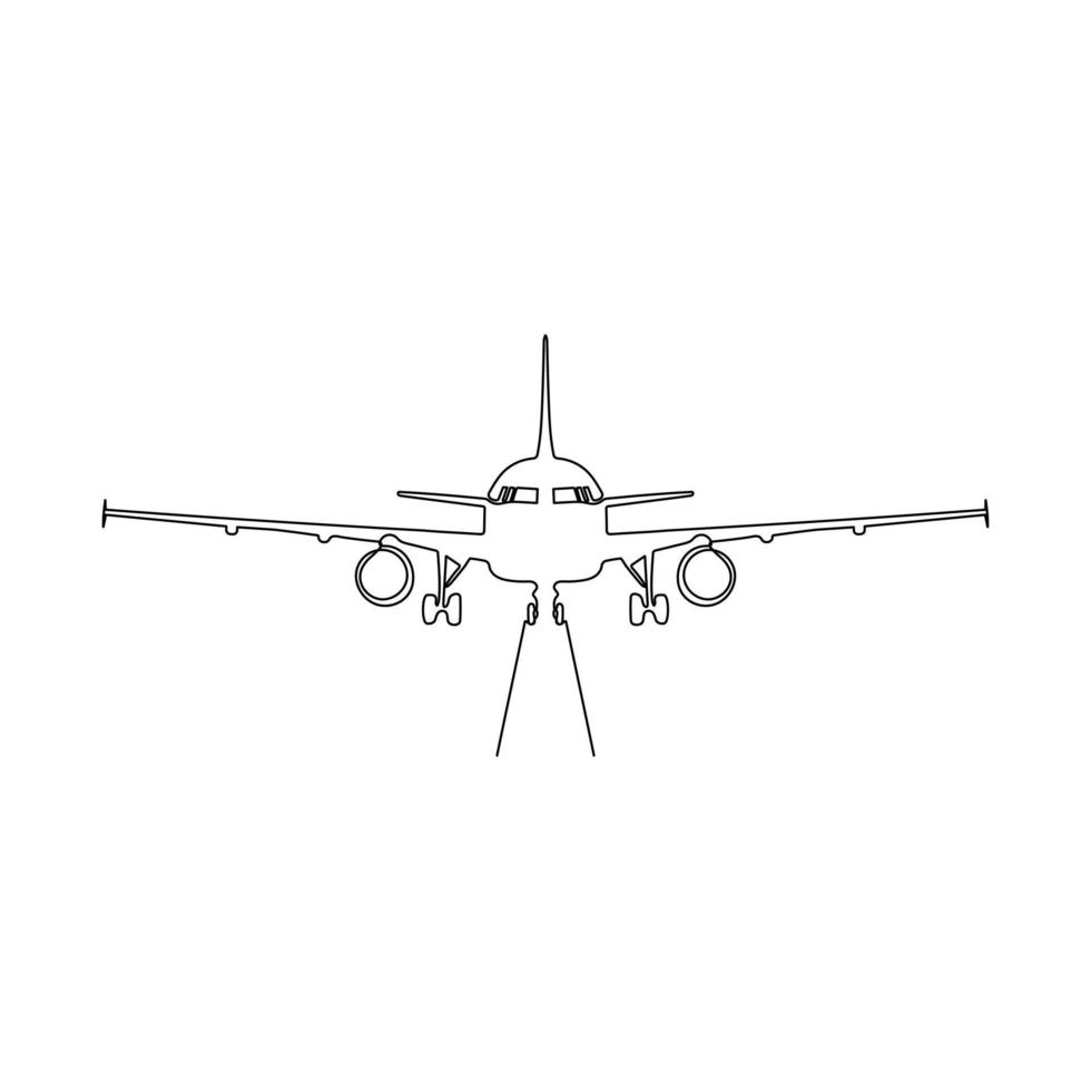 Airplane is on the runway. One continuous line drawing style. Minimalism hand drawn vector illustration.