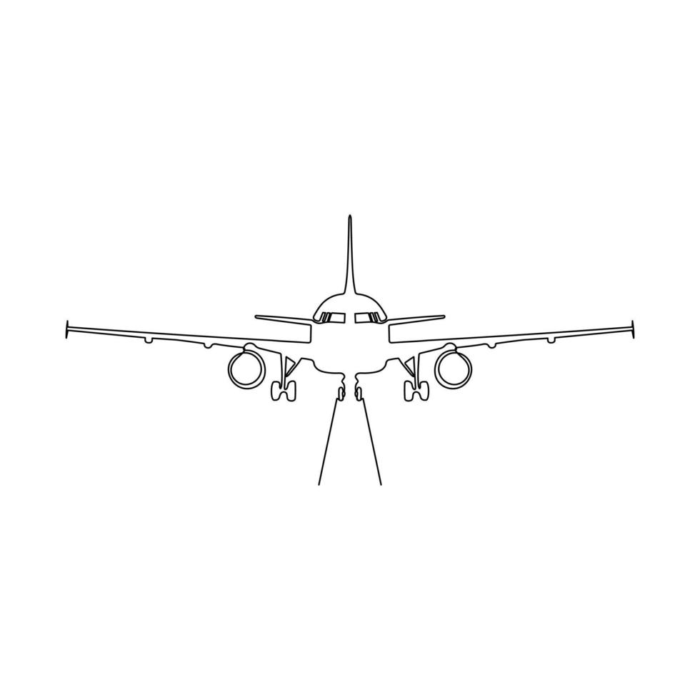 Airplane is on the runway. One continuous line drawing style. Minimalism hand drawn vector illustration.