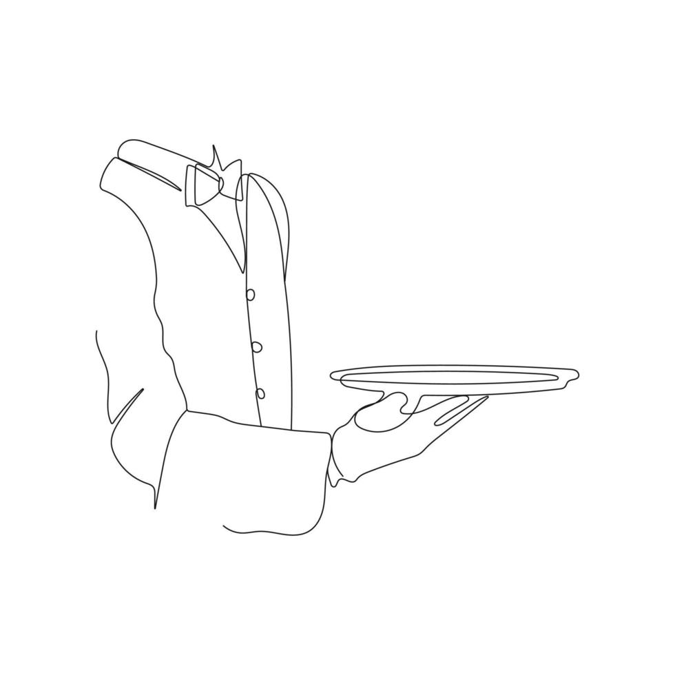 Waiter holding food tray. One line drawing. Restaurant worker concept. Vector illustration