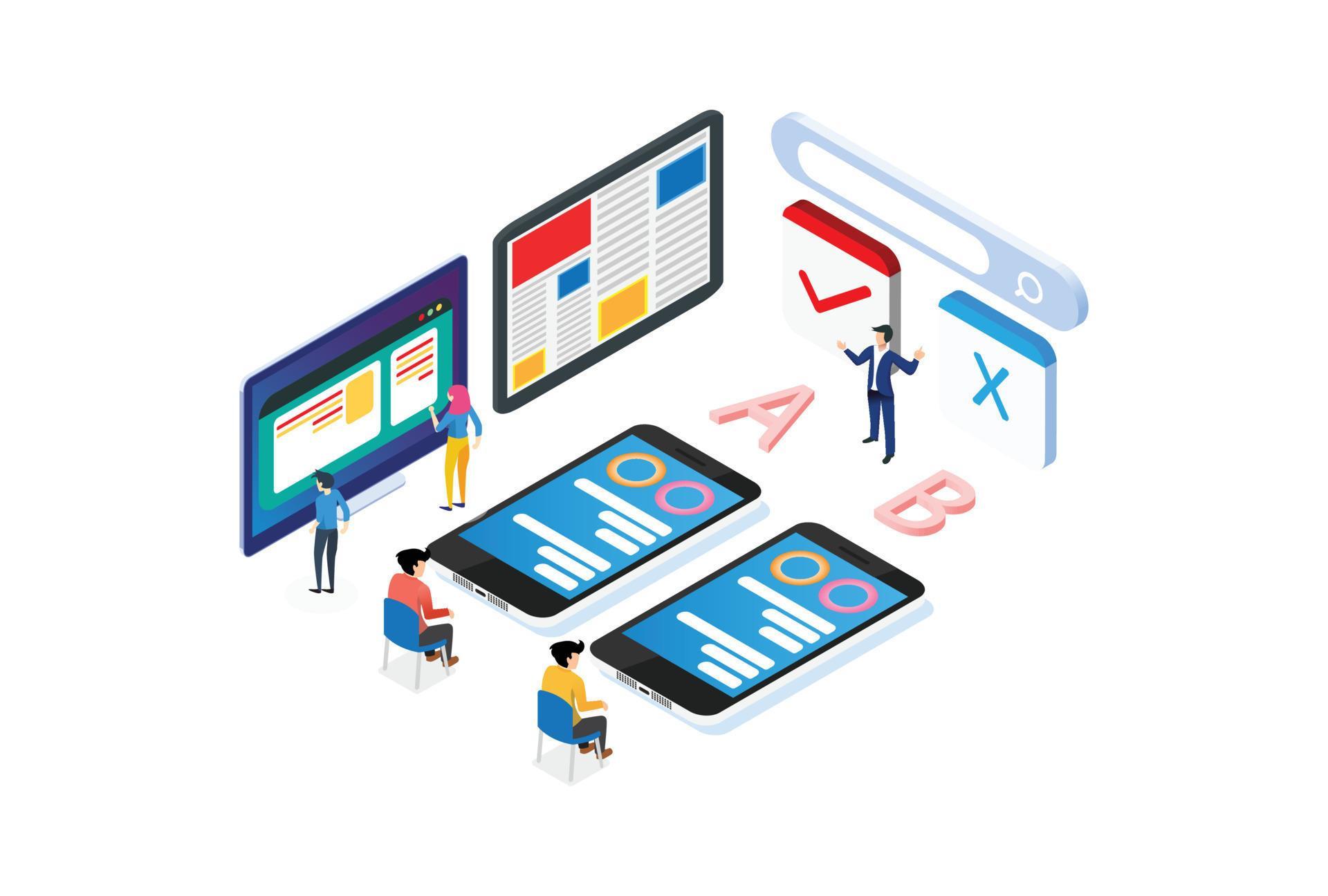 Modern Isometric AB Testing Method Illustration,  Banners, Suitable