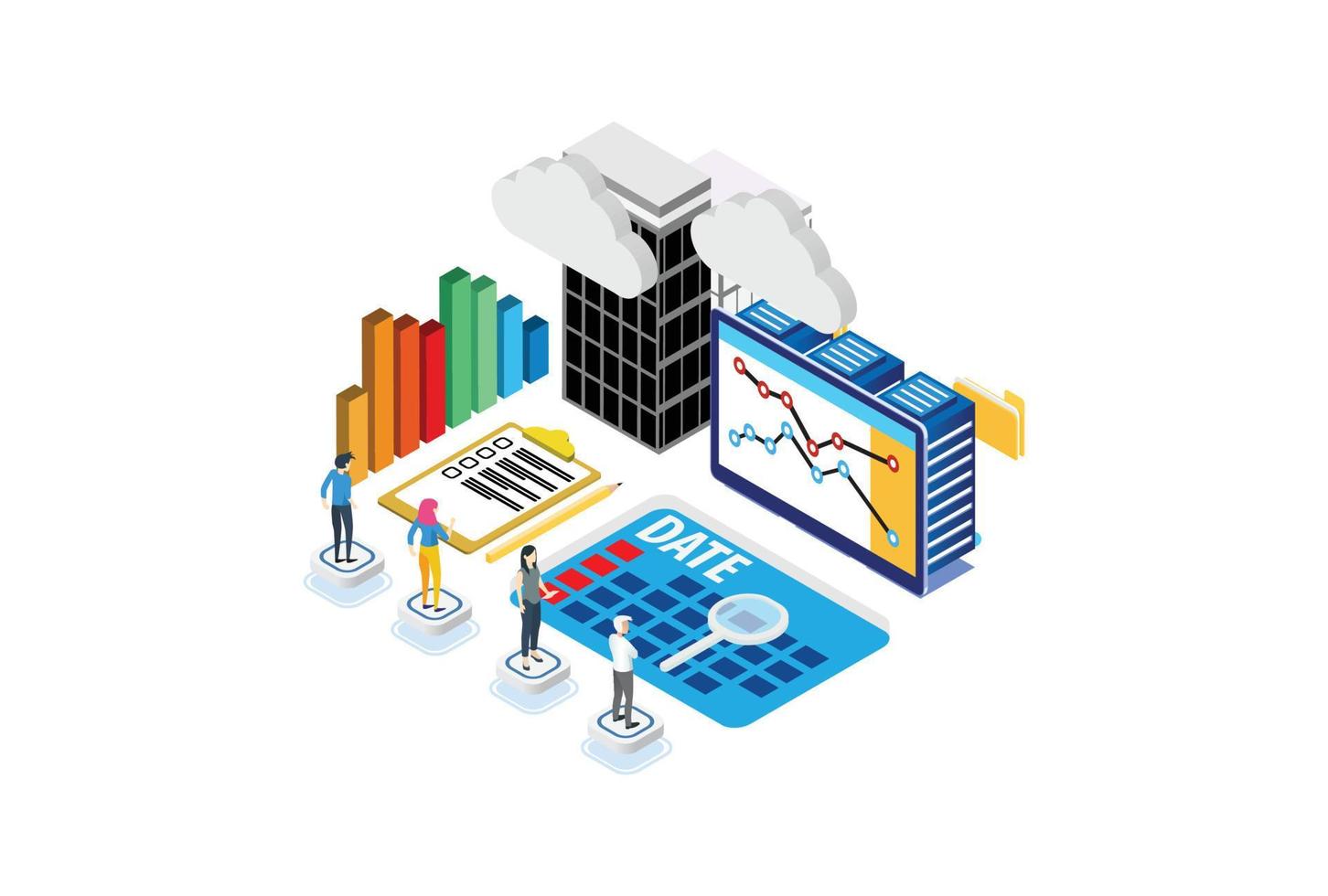 ilustraciones de informes de estadísticas de datos isométricos modernos, banners web, adecuados para diagramas, infografías, ilustraciones de libros, activos de juegos y otros activos relacionados con gráficos vector