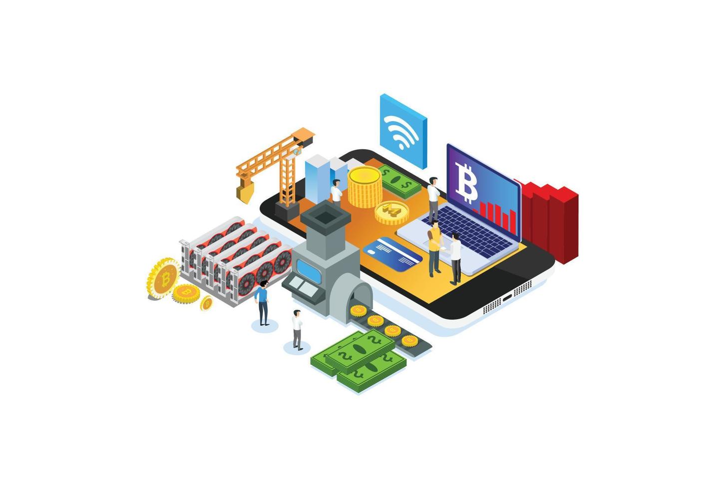 Modern Isometric Smart Bitcoin Mining Illustration, Suitable for Diagrams, Infographics, Book Illustration, Game Asset, And Other Graphic Related Assets vector