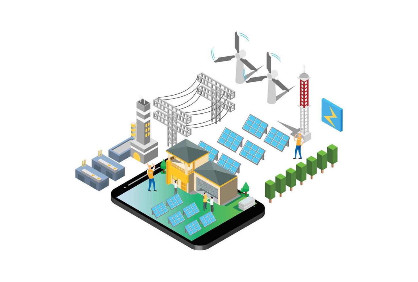 Modern Isometric Smart Electrical Solar Power Plant Technology Illustration in White Isolated Background With People and Digital Related Asset vector