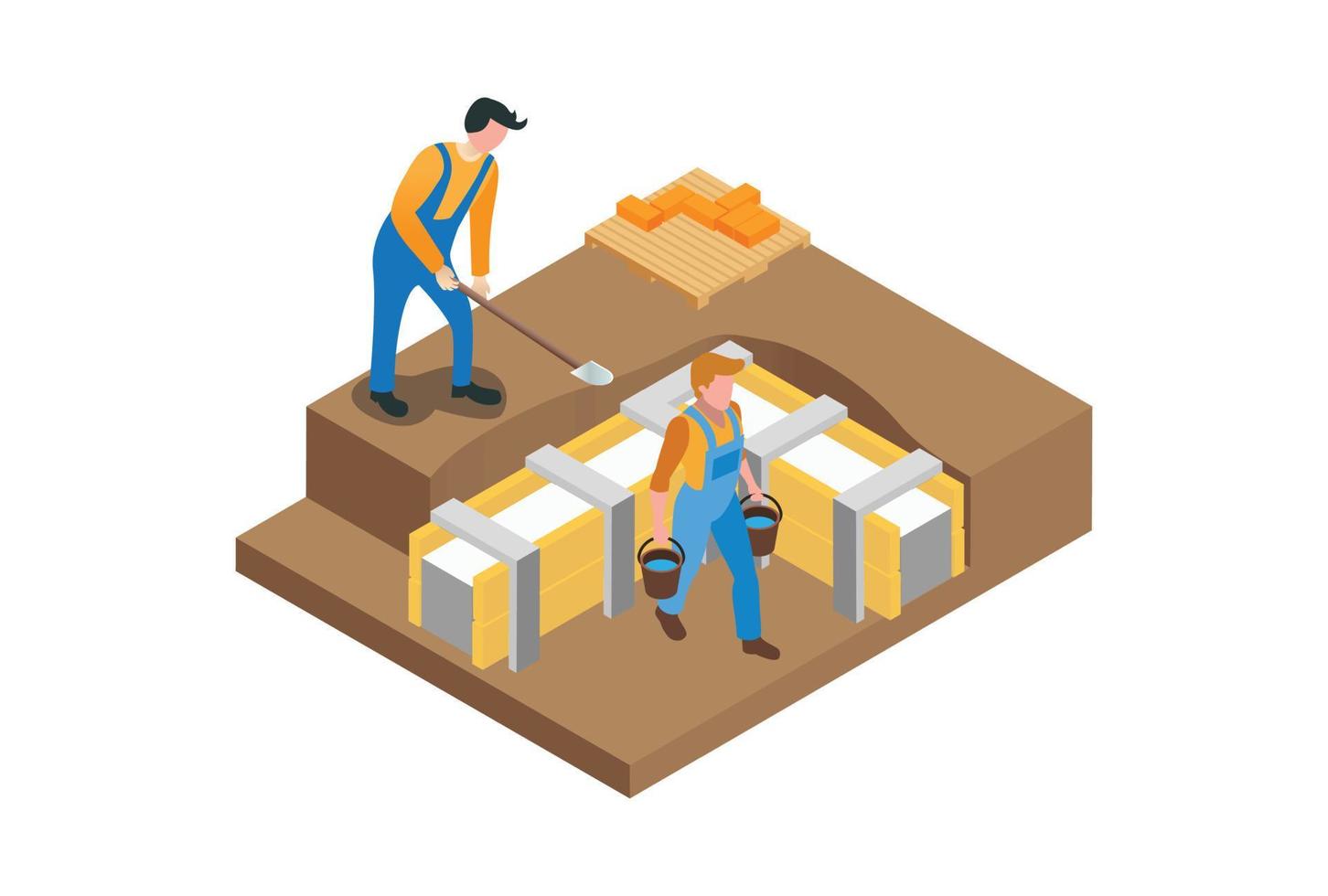 sitio de construcción de edificio de hormigón monolítico isométrico vectorial. encofrado de hormigón, columnas, constructor en casco, adecuado para diagramas, infografías, activos de juegos y otros activos relacionados con gráficos vector