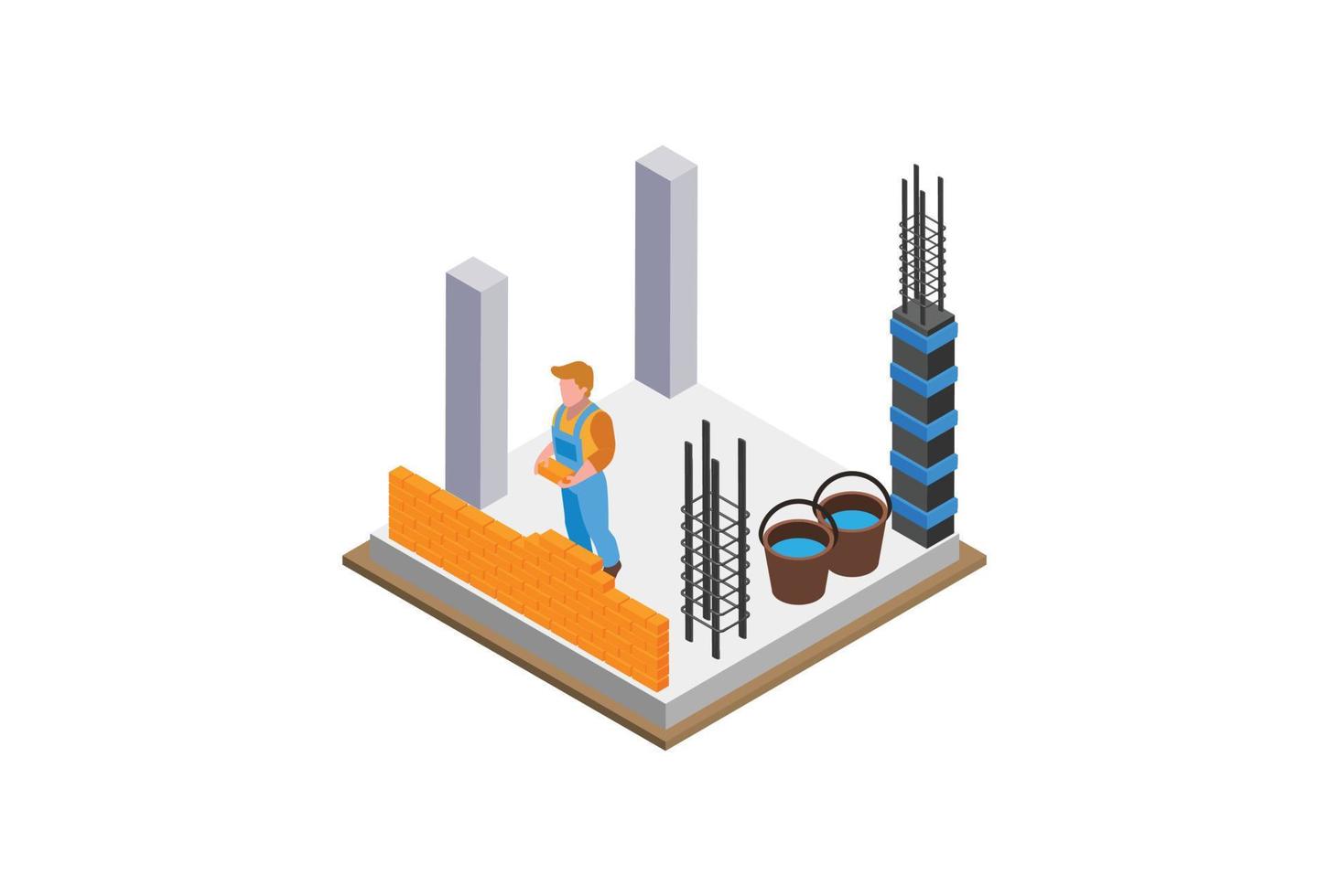 sitio de construcción de casa isométrica vectorial. constructor de casas trabajando en nuevos cimientos de cemento o hormigón de los edificios con encofrado de madera. adecuado para diagramas, infografías y activos gráficos vector