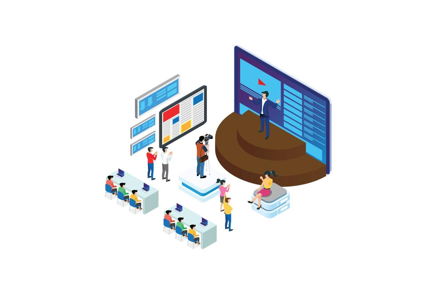 Isometric Business Training Event Remote Corporate teaching Meeting learn Isometric People 3D Webinar Online Manager Web Event Conference Tablet App Leadership finance employee Training Session Vector