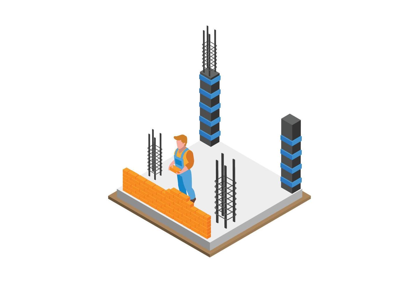 Vector isometric house construction site. House builder working on new cement or concrete foundation of the buildings with wooden form work. Suitable for Diagrams, Infographics And Graphic Asset