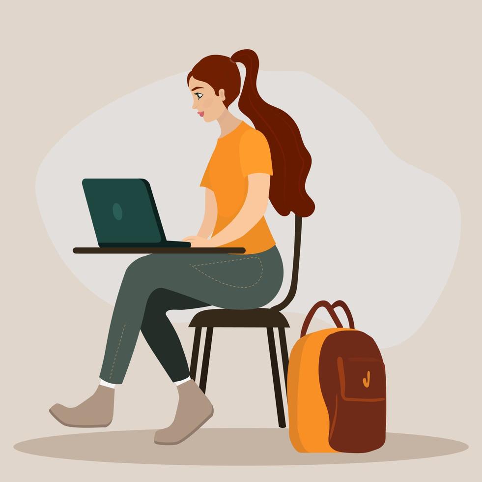 Home from work concept. Young woman working in home, sitting with laptop. Student or freelancer. vector