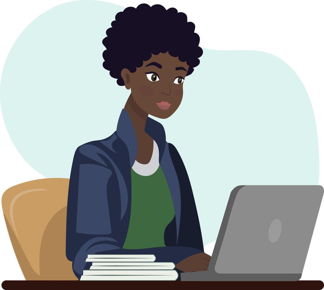 Home from work concept. Young woman working in home, sitting with laptop. Student or freelancer. vector